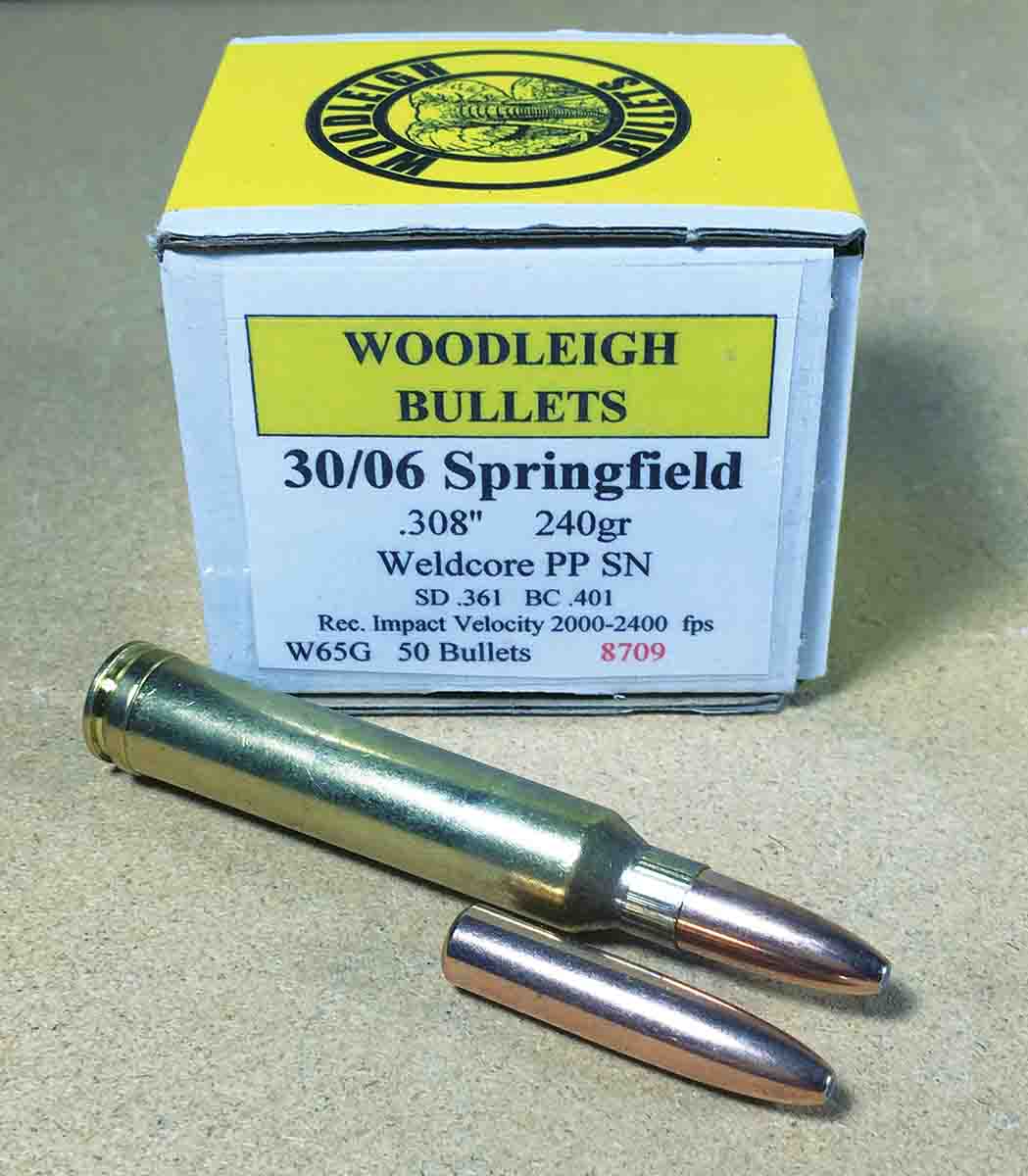 Heavyweight, .30-caliber bullets are long. For example, the Woodleigh Weldcore 240-grain PP SN bullet measures 1.428 inches in length, and thus displaces much propellant.